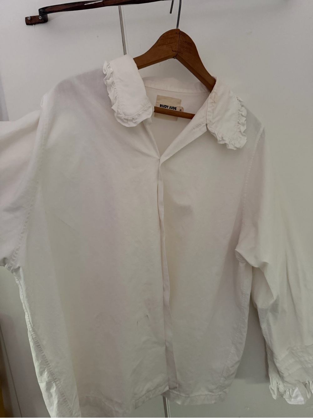 Rudy Jude White Ruffle Collar Button-Up Shirt